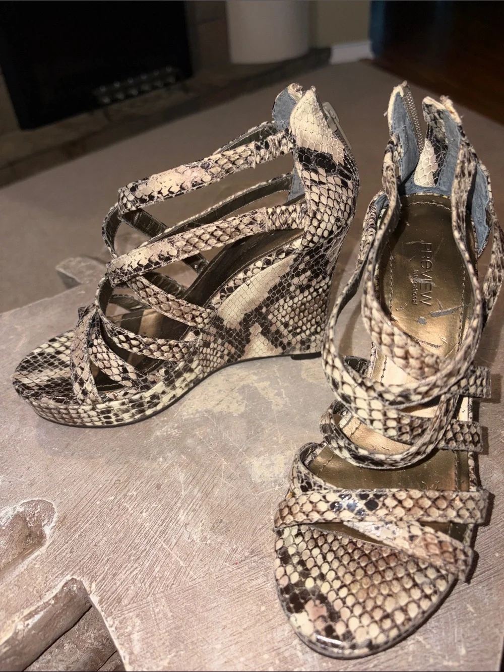 Preview International Snake-Print Strappy Wedge Sandals - Brown/Tan sz 4